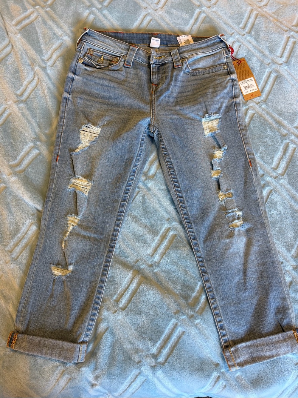 True Religion Distressed Rolled Capri Jeans - Spring Daze Blue-size 29